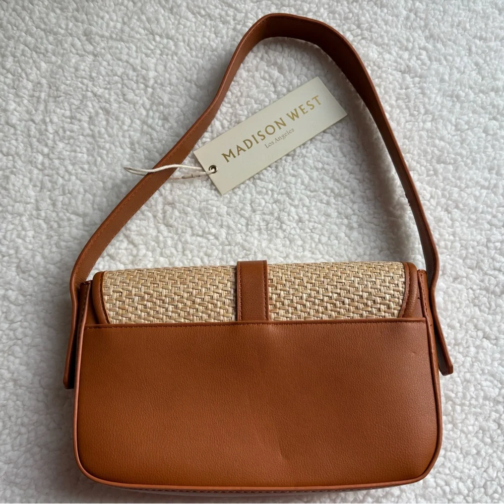NWT Madison West Woven Straw Tan and Brown Shoulder Bag with Buckle - Picture 2 of 5